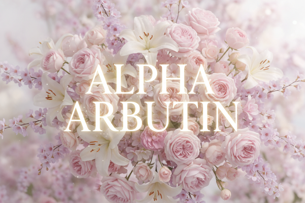 an image of beautiful flowers and alpha arbutin written in center bigger and glowing
