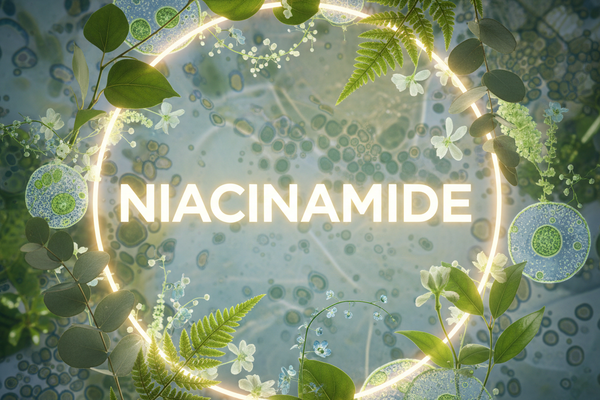 an image of cells and leafs and niacinamide written in center bigger and glowing 