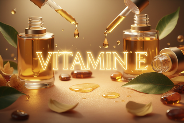 an image of oils and repairing of skin, Vitamin E written in center bigger and glowing