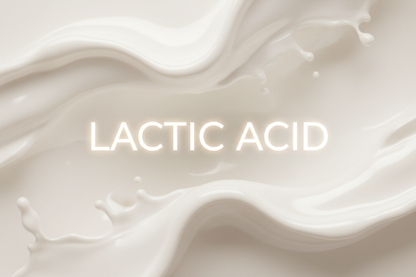 generate an image of lactic acid written in center glowing and medium in size and a skincare milk background