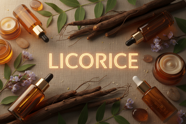 generate an image of licorice written in center glowing and medium in size and licorice background as per skincare