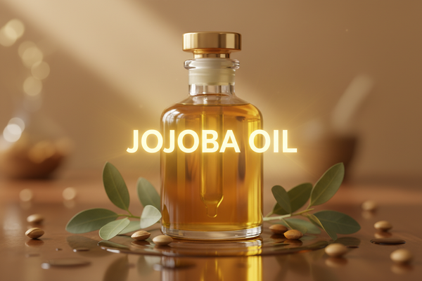 write Jojoba oil in center medium size glowing and a skincare oil background different and unique