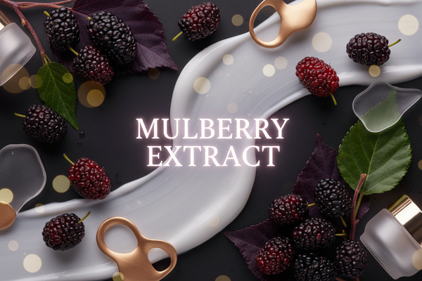 Write mulberry extract in center glowing and medium in size also make a mulberry  background of skincare accordingly