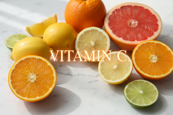 write vitamin c in center glowing and medium make a citrus fruits background for skincared 